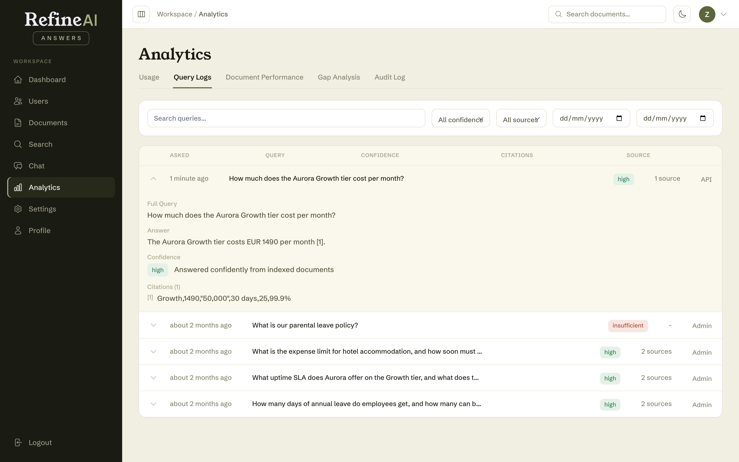 A query log entry expanded