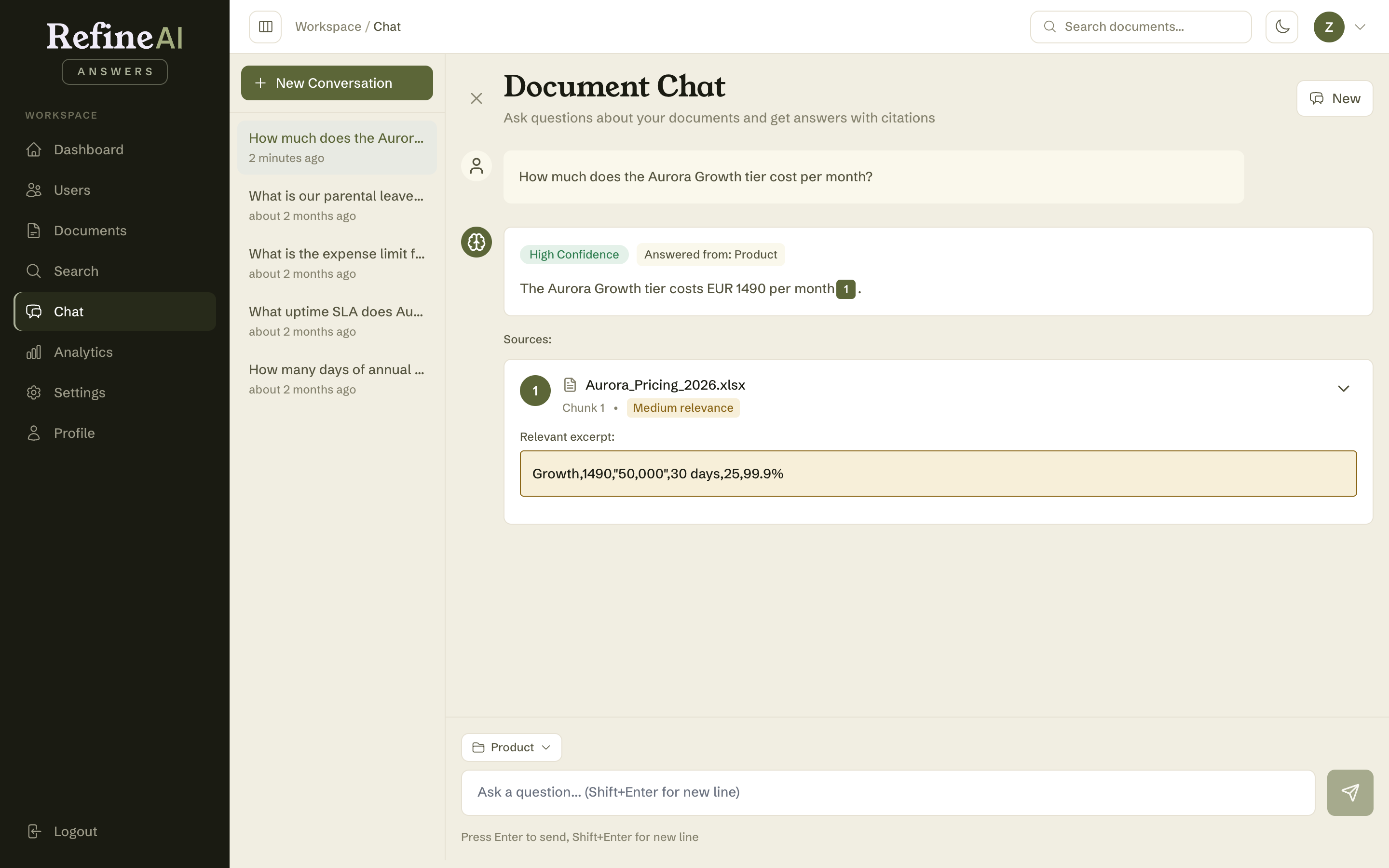 A scoped answer with its "Answered from" badge