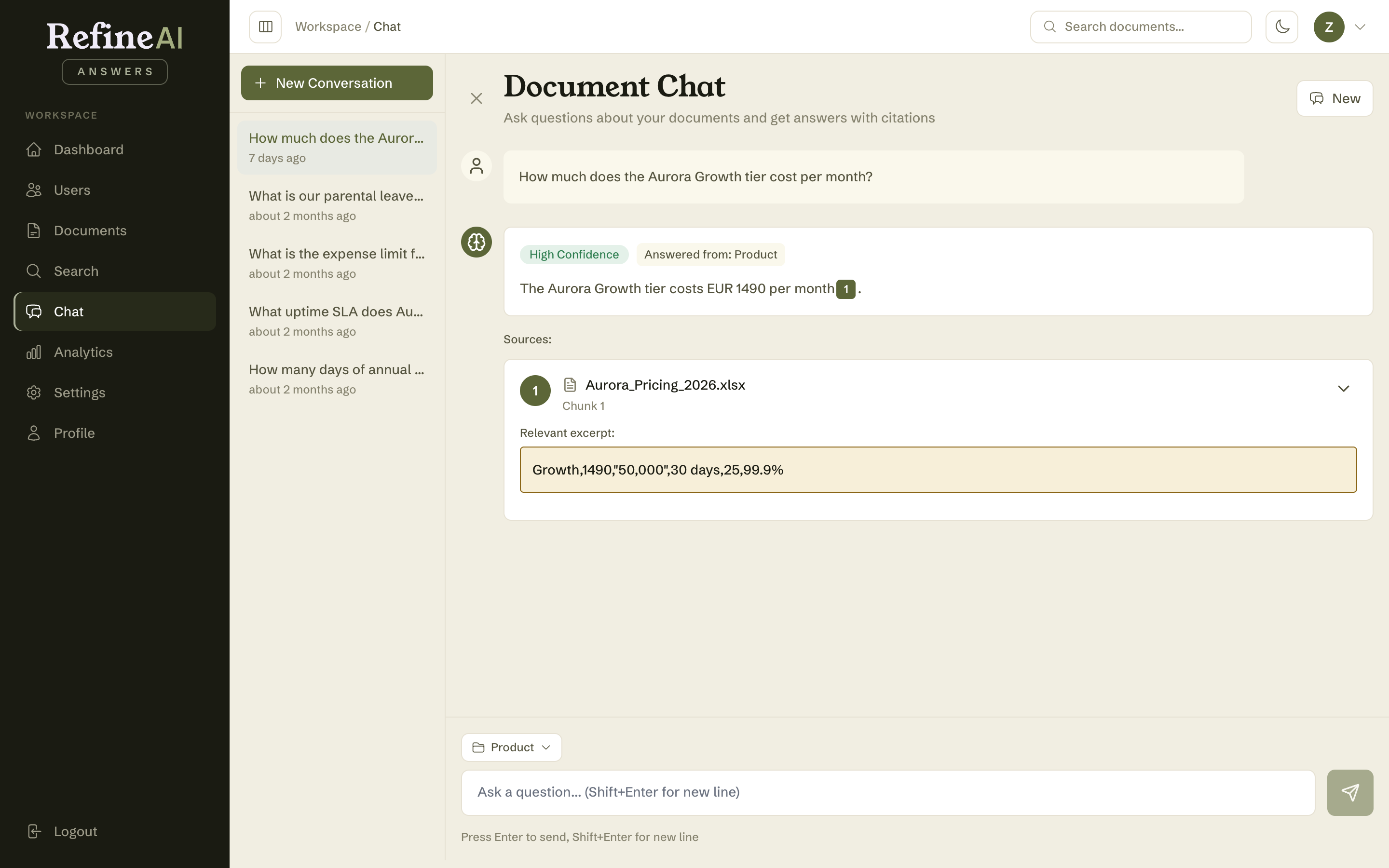 A scoped answer with its "Answered from" badge