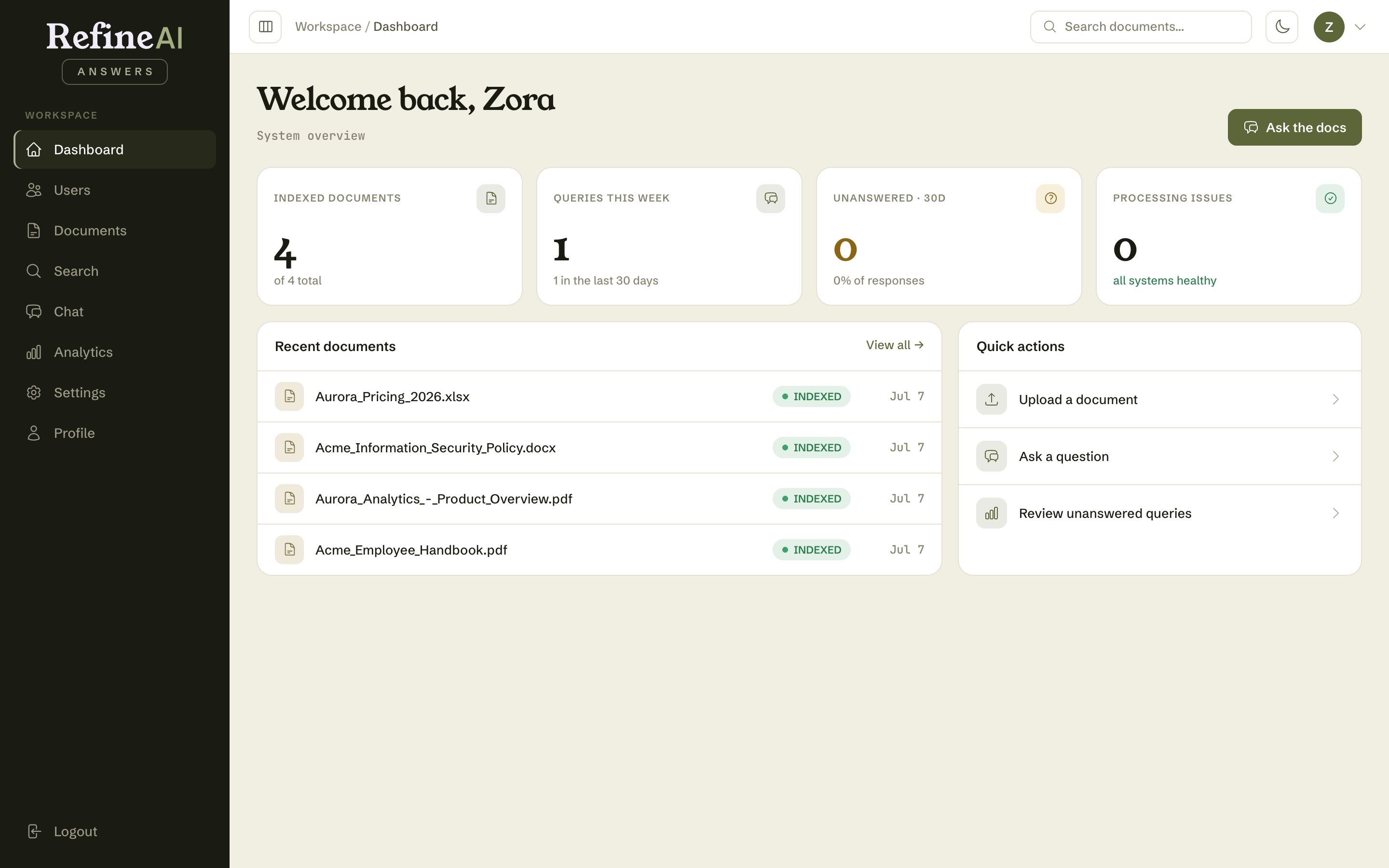 The RefineAI Answers dashboard