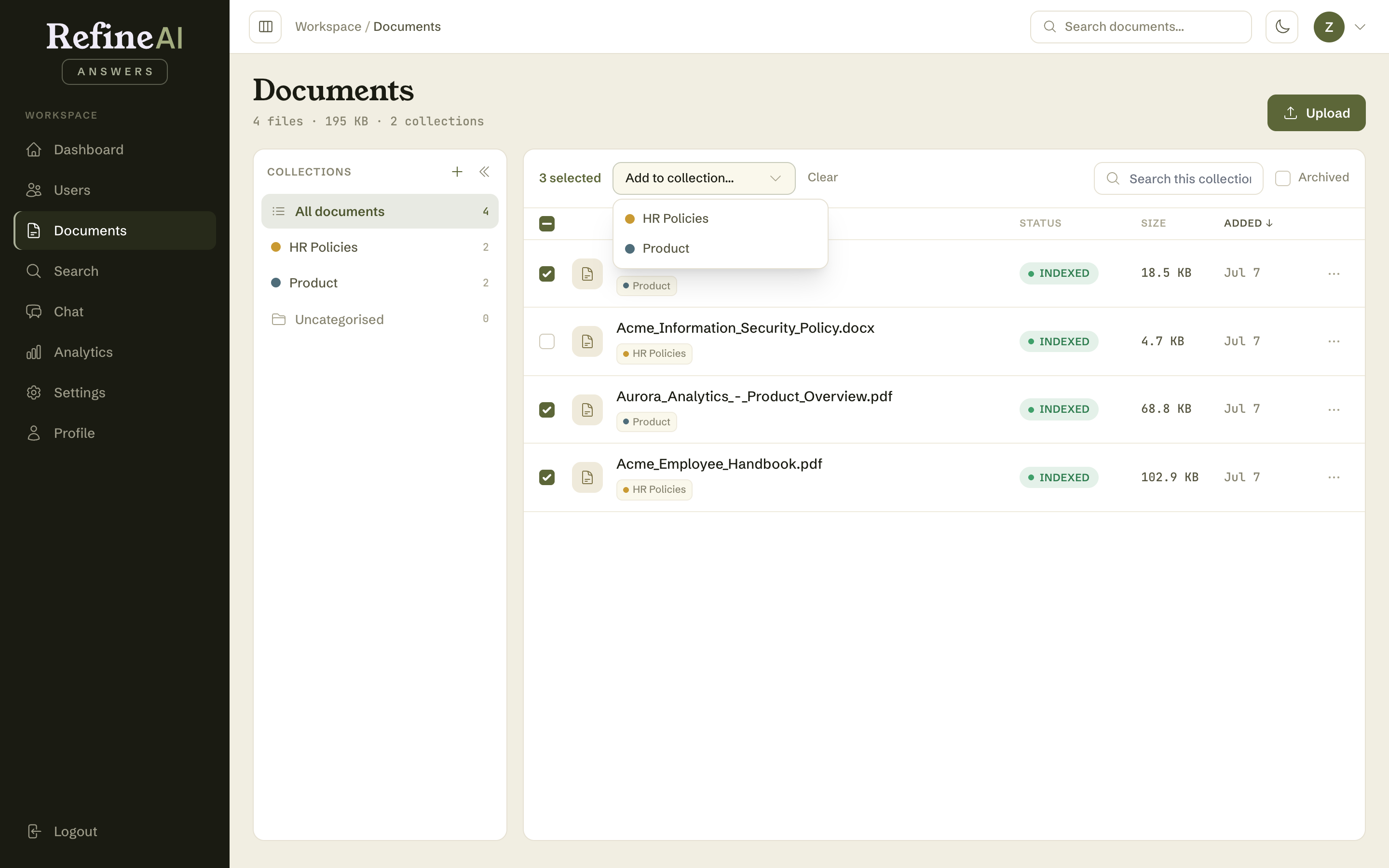 Three documents selected, with the collection menu open