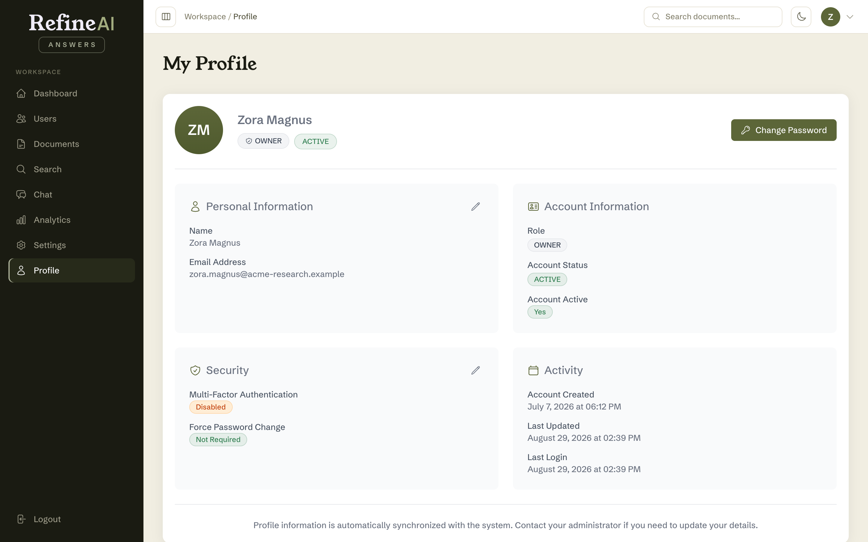 The profile page