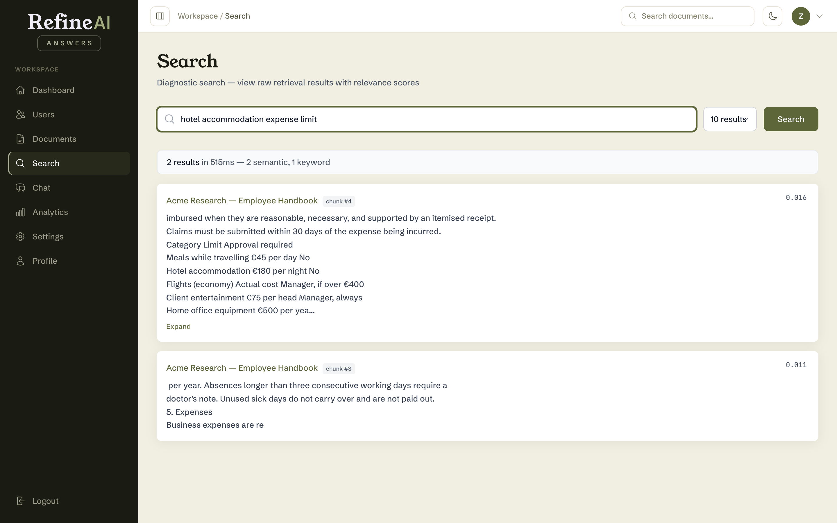Search results with relevance scores