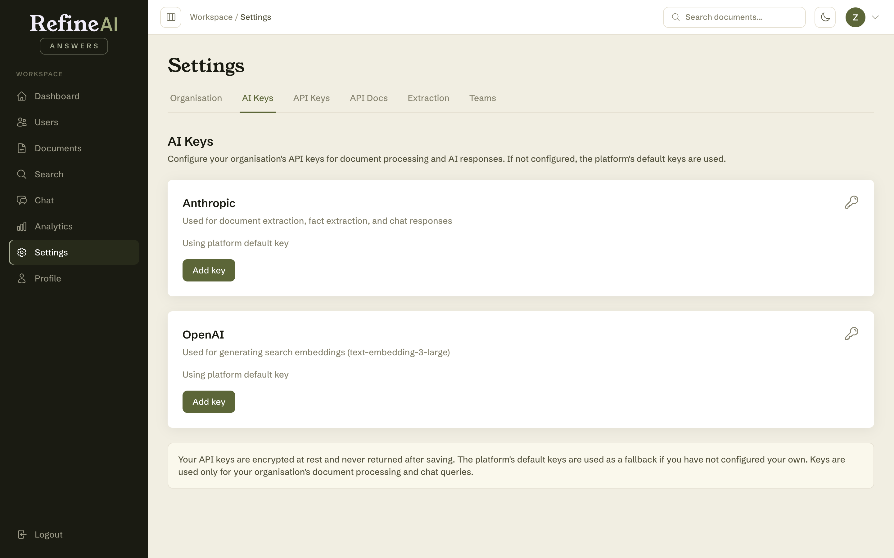AI keys settings