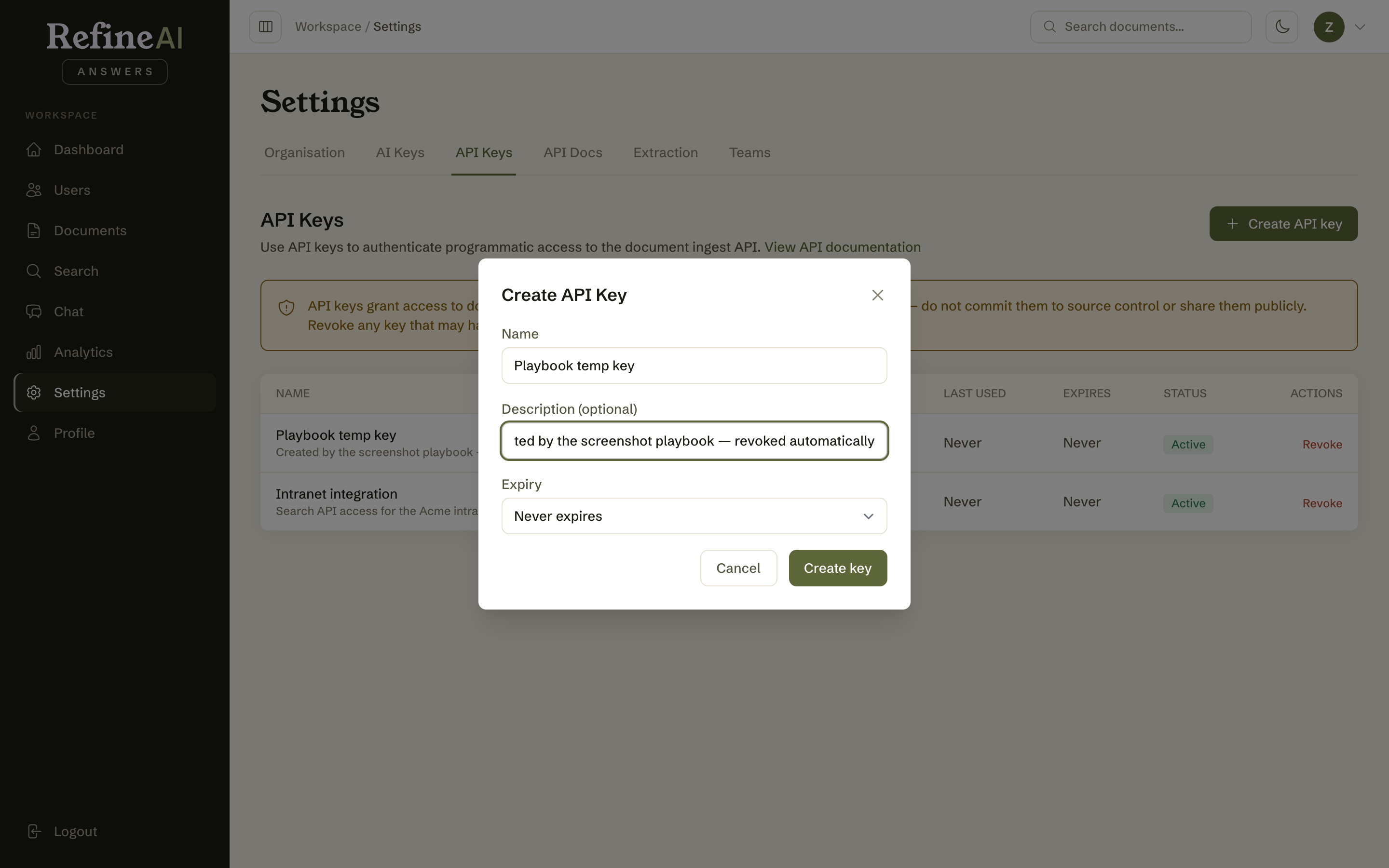 Creating an API key