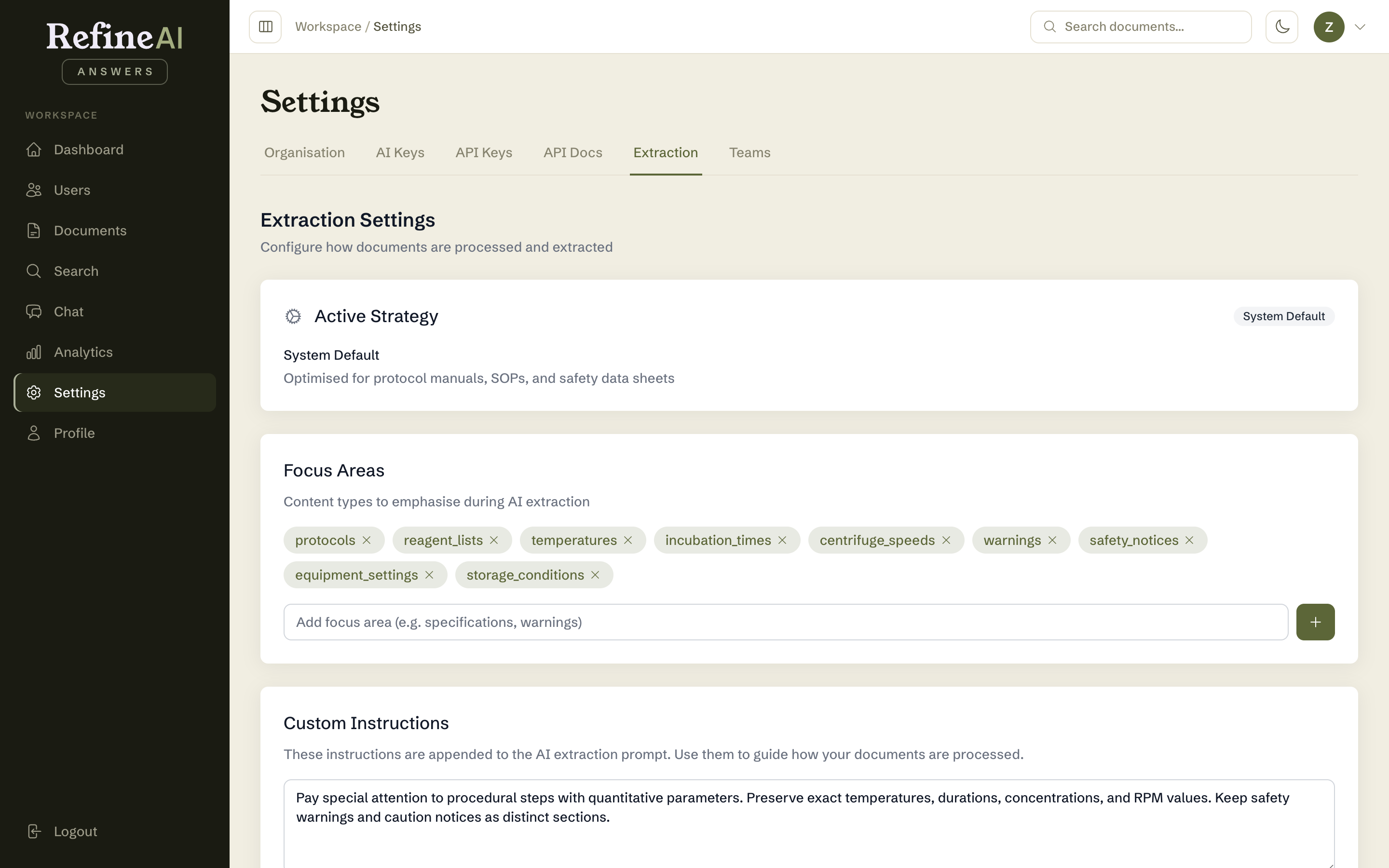 Extraction settings