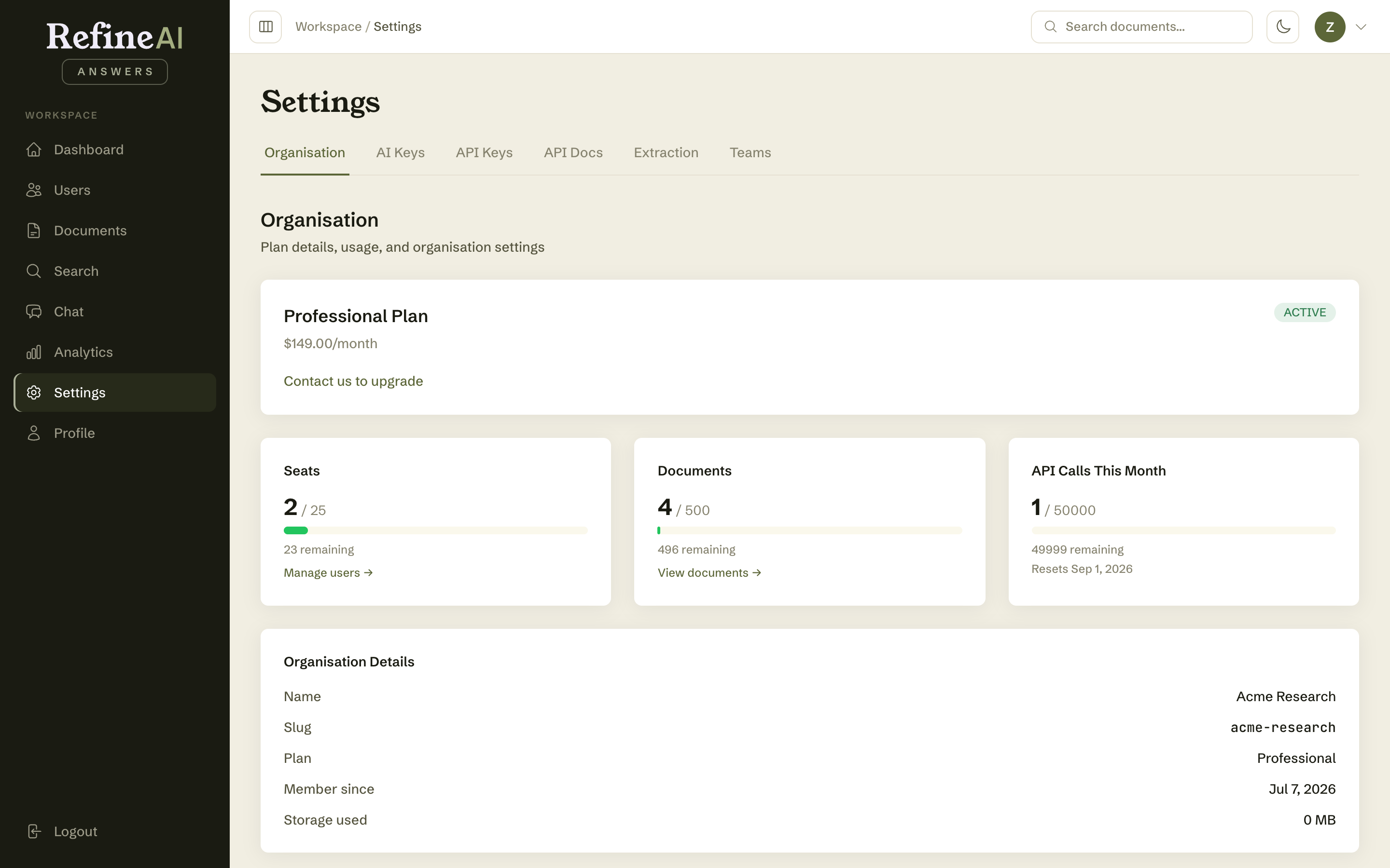 Organisation settings