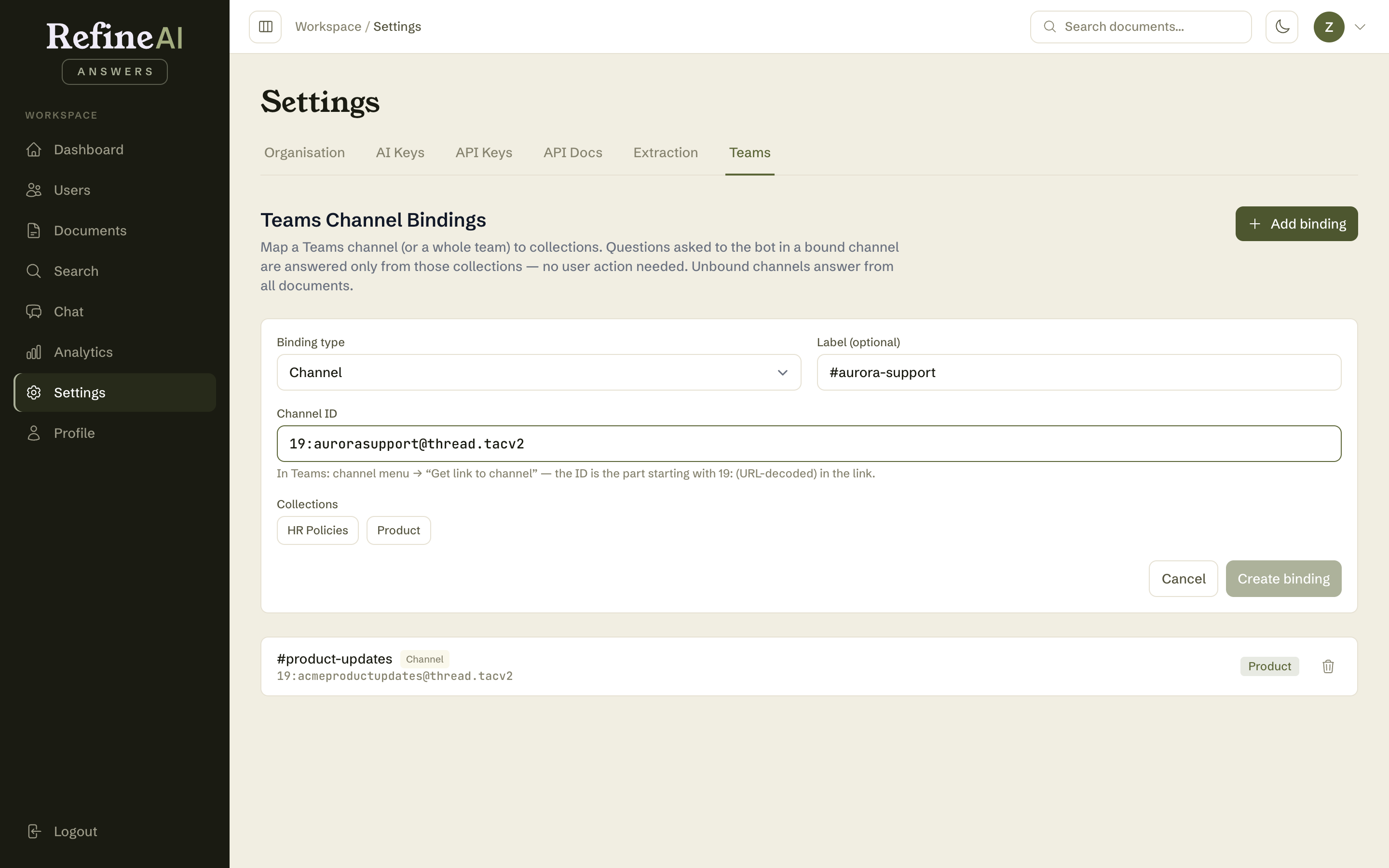 Adding a Teams channel binding