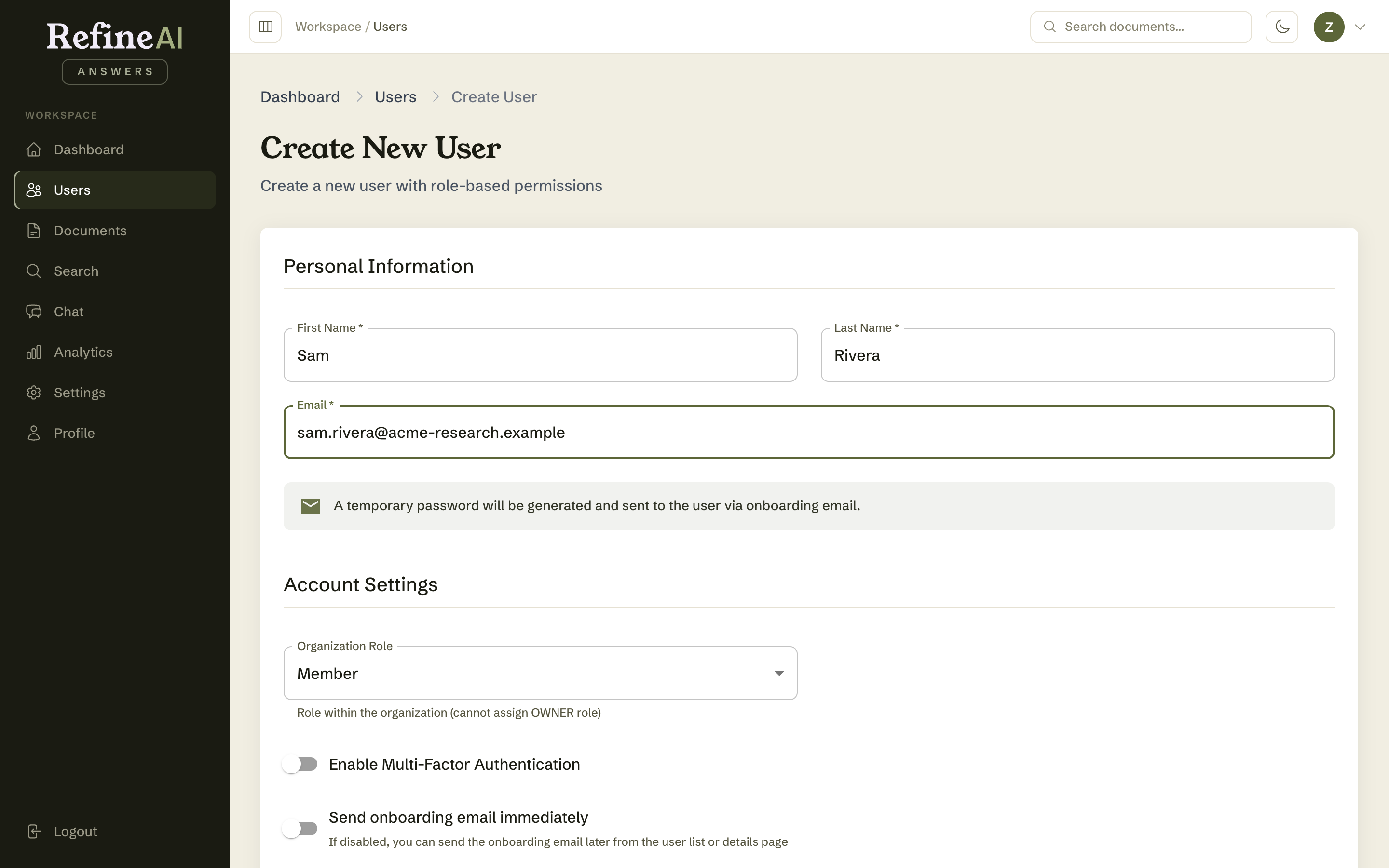 The create-user form filled in