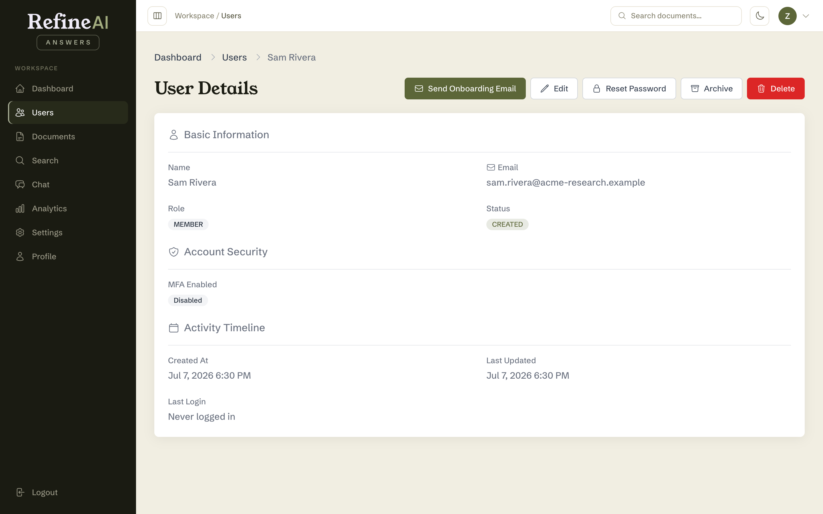 A user's details page