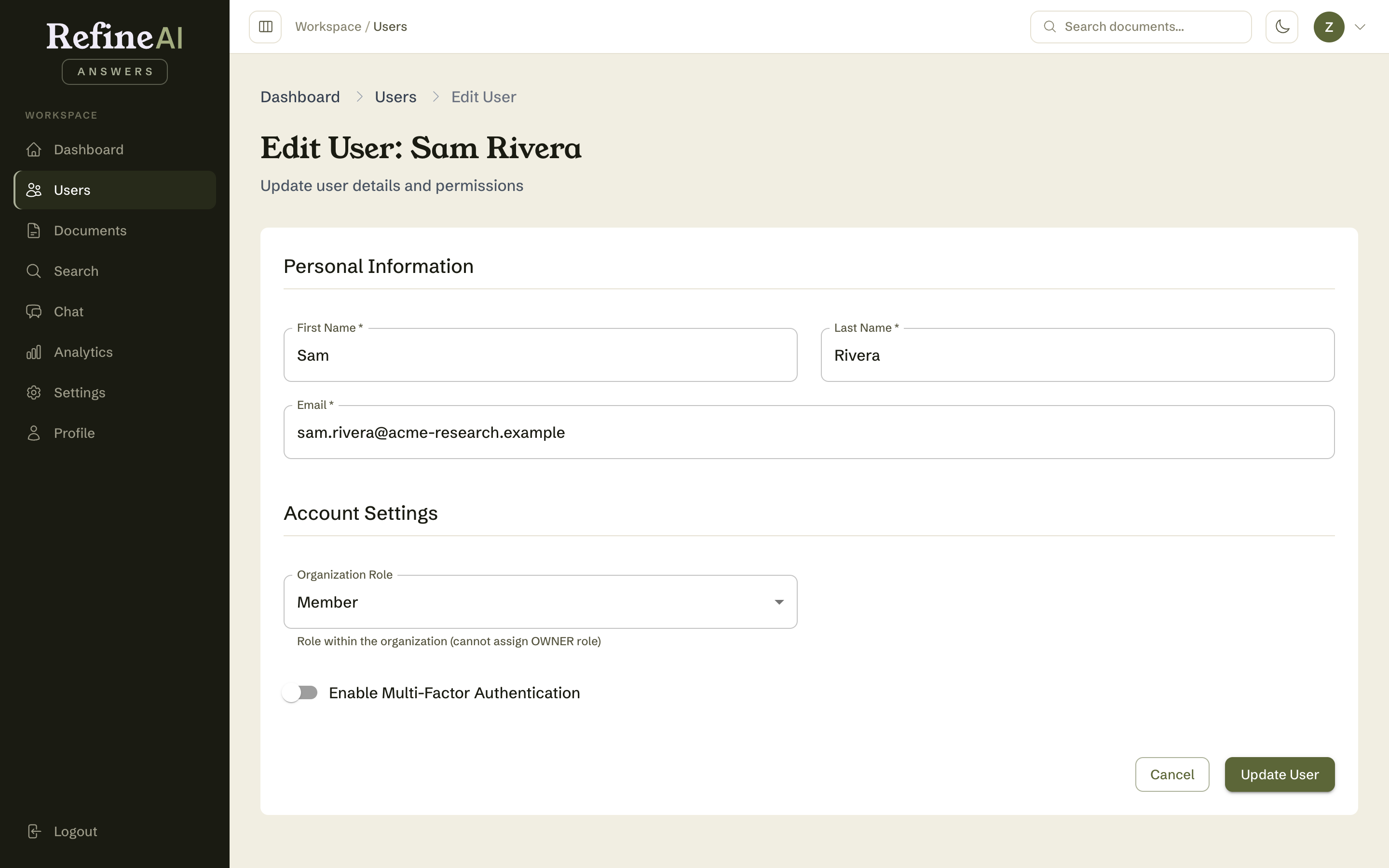 Editing a user